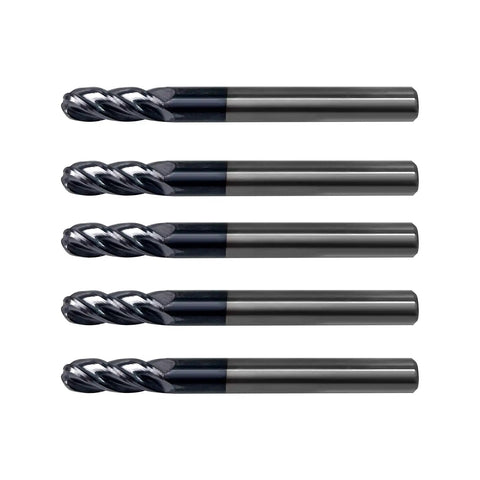 Five Pack Quarter Inch Ball Nose Carbide End Mills ALTiN Coated, CNC Milling Bits, side view, for alloy and hardened steels.