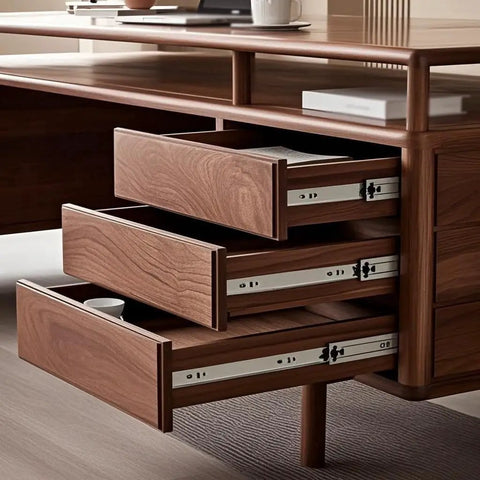 Top Shelf Solid Wood Office Desk Featuring Expert Mortise Tenon Joinery with open drawers showcasing walnut finish and storage.