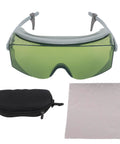 Heavy Duty Laser Safety Glasses With Flexible Arms For Lab Work And Welding Projects Kicking Harsh Uv Rays To The Curb While Shielding Eyes From Bright Blue Light in a gray wraparound frame with case and cleaning cloth.