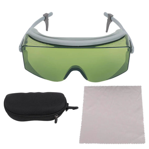 Heavy Duty Laser Safety Glasses With Flexible Arms For Lab Work And Welding Projects Kicking Harsh Uv Rays To The Curb While Shielding Eyes From Bright Blue Light in a gray wraparound frame with case and cleaning cloth.