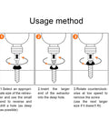Illustration showing usage method for 6 Piece Damaged Screw Extractor Set With HSS Material for removing stripped screws.
