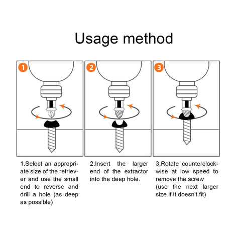 Illustration showing usage method for 6 Piece Damaged Screw Extractor Set With HSS Material for removing stripped screws.