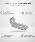 Beefy Stainless Steel Corner Bracket Heavy Duty 90 Degree Right Angle Shelf Support For DIY Furniture Repairs And Shelf Reinforcement 3.1 x 1.6 Inch One Pack Rust Resistant displaying features