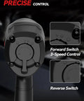 Pro Grade 1/2 Inch Air Impact Wrench 1245 Ft Lbs Max Torque Twin Hammer Design close-up of control switches for speed and direction.