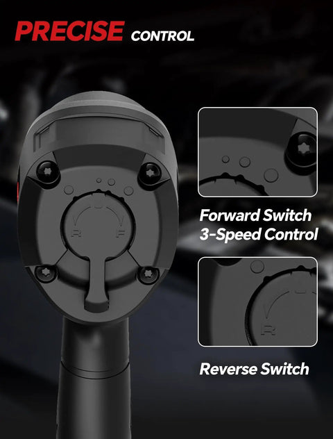 Pro Grade 1/2 Inch Air Impact Wrench 1245 Ft Lbs Max Torque Twin Hammer Design close-up of control switches for speed and direction.
