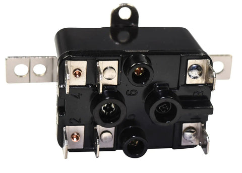 Close-up of Beefy Enclosed General Purpose Fan Relay Replacement For Emerson 90-380 24V Coil, top view showing connectors and tabs.