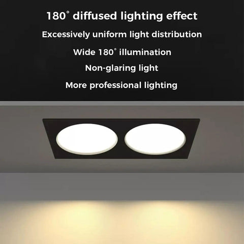LED Square Double Head Recessed Downlight Ceiling Lamp For Living Room showing 180° diffused light distribution.