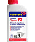 F3 Central Heating Cleaner bottle for sludge and scale removal, 500 ml size, with red cap and blue label detailing benefits.