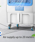 Heavy Duty Commercial Grade Jumbo Windowless Evaporative Air Cooler With Eight Ice Packs Ninety Degree Swivel Oscillation Three Speed Swamp Cooler on wheels for easy movement.