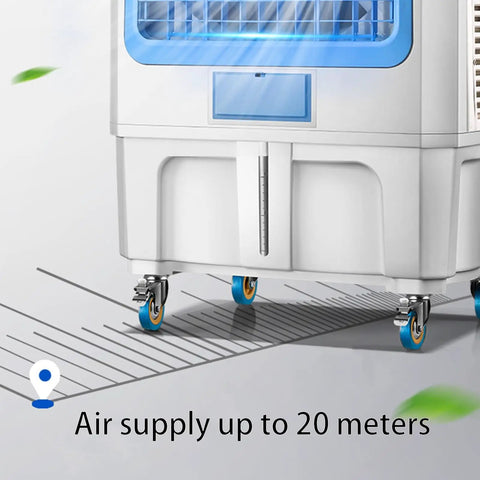 Heavy Duty Commercial Grade Jumbo Windowless Evaporative Air Cooler With Eight Ice Packs Ninety Degree Swivel Oscillation Three Speed Swamp Cooler on wheels for easy movement.