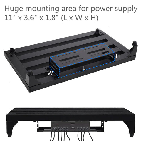 22 X 12.5 Inch Aluminum Guitar Pedal Board With Power Supply Tray Carry Bag And Mounting Tapes Included Black Portable Lightweight For Gigging Musicians, top and side view showing 11" x 3.6" x 1.8" power tray.