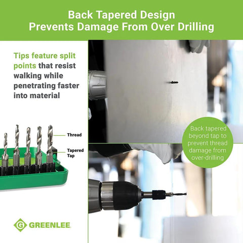 Greenlee DTAPKIT drill/tap kit for metal with quick-change adapter; drill bits in a green case, drilling and tapping metal.