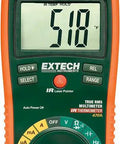 Front view of 12 Function True RMS Pro-Grade Multimeter With Infrared Thermometer, displaying temperature reading on LCD screen