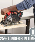 20V Cordless Circular Saw With 6 1/2 Inch Carbide Tip Blade Includes 2 Ah Lithium Battery And Smart Charger cutting plywood on a workbench.