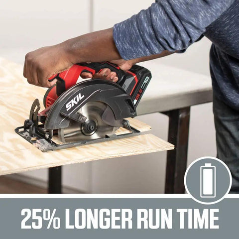 20V Cordless Circular Saw With 6 1/2 Inch Carbide Tip Blade Includes 2 Ah Lithium Battery And Smart Charger cutting plywood on a workbench.