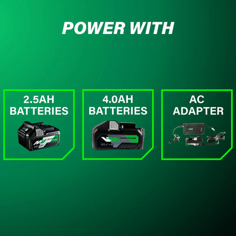 Cordless Reciprocating Saw With 36V MultiVolt, compatible with 2.5Ah and 4.0Ah batteries, AC adapter shown against green background.