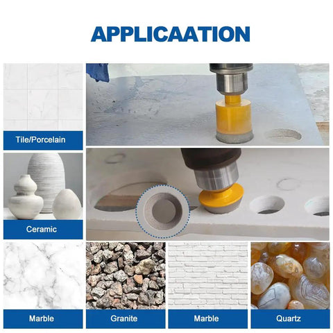 Premium Highdril Diamond Hole Saw Kit Featuring 11 Piece Core Drill Bit Set With Hex Chamfer And Guide Jig Perfect For Porcelain Ceramic Granite Marble And Hard Materials in action on tiles and ceramics.