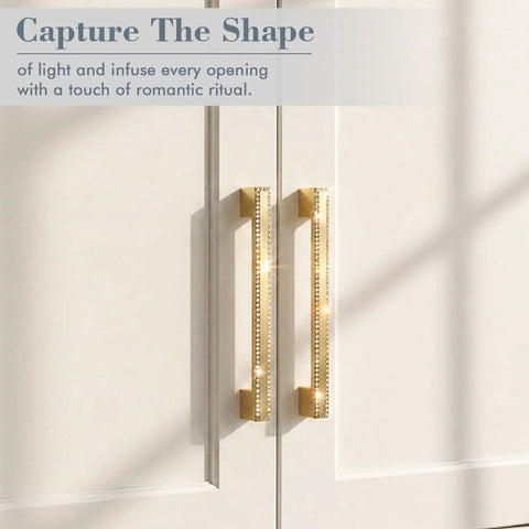 Gold Cabinet Pulls With Crystal Accents 4 Pack Sparkling Rhinestone Drawer Handles For Kitchen Cabinets Dressers Vanities Closets Glam Up Hardware Upgrade installed on white doors featuring rhinestones.