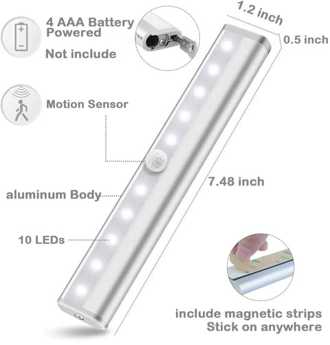 Motion Activated LED Closet Lights Six Pack Battery Powered Wireless Stick On Under Cabinet Bar Lights For Stairs Hallway And Kitchen White No Wires Needed Easy Install Auto On In The Dark, showing dimensions and features like motion sensor.