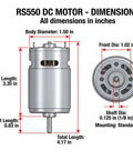 Diagram of RS550 DC motor dimensions for Pair Of 24V RS555 12000 RPM Electric Drive Motors For Ride On Toys Upgrade