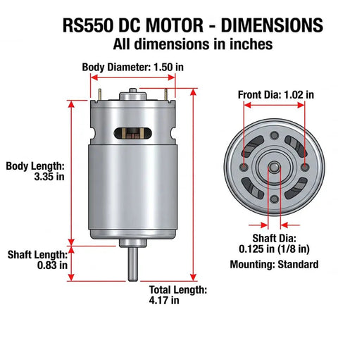 Diagram of RS550 DC motor dimensions for Pair Of 24V RS555 12000 RPM Electric Drive Motors For Ride On Toys Upgrade