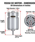 Dimensions diagram of RS550 motor, showing body length 3.35 in, body diameter 1.50 in, suitable for Two Pack High Speed RS550 Motors For Power Wheels Ride On Toys 12V 24V Upgrade Replacement Parts With 40000 RPM And 8 To 16T Gear Options For A Fast Kid Friendly Power Wheels Upgrade.