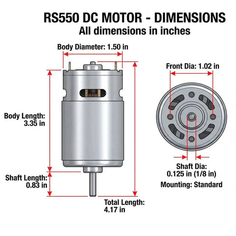 Dimensions diagram of RS550 motor, showing body length 3.35 in, body diameter 1.50 in, suitable for Two Pack High Speed RS550 Motors For Power Wheels Ride On Toys 12V 24V Upgrade Replacement Parts With 40000 RPM And 8 To 16T Gear Options For A Fast Kid Friendly Power Wheels Upgrade.