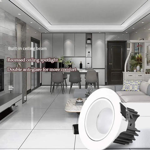 ELUKHT 13-Pack White Retrofit LED Recessed Lighting 3.5/4 Inch Anti-Glare Led Recessed Lights in modern living room setting.