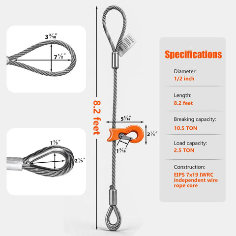 Pro Grade 1/2 By 8.2 Feet Single Leg Wire Rope Sling With Rock Solid Independent Wire Core And Quick Slide Choker Hook Rated 5500 Pounds For Daily Job Site Grinds And Reliable Heavy Equipment Hauling