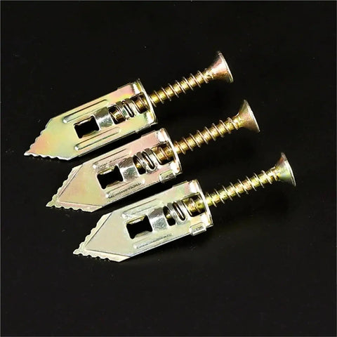 Self-Drilling Drywall Anchors With Expansion Screws Kit, Heavy Duty Metal Wall Anchors, Rust-Resistant Yellow Zinc Plated Carbon Steel, No-Prep Install, Quick And Rock-Solid Mounts For Shelves, Mirrors, Pictures, And TV Brackets. Three metal drywall anchors with screws