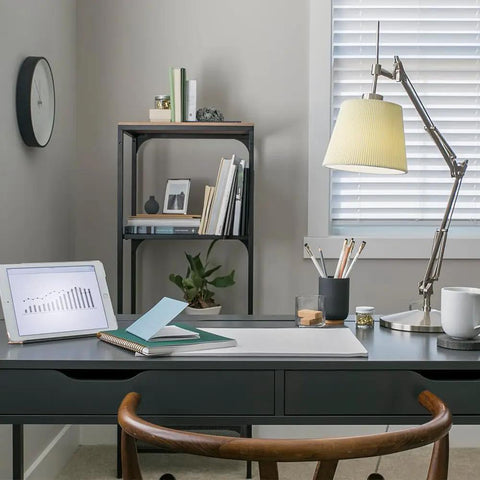 Modern home office with tablet, desk lamp, and organized shelves, ideal setting for Refresh LED Daylight Bulbs For Energy Saving And Bright Colors 40W Equivalent Clear Decorative Candle Light Bulbs With Small Base 4 Pack That Make Your Space Pop In Kitchens And Living Rooms.