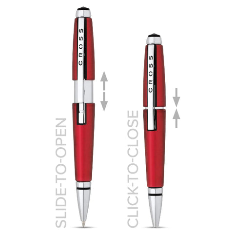 Red Selectip Gel Rollerball Pen With Black Ink Capless Slide Open Design, showing slide-to-open and click-to-close mechanism.