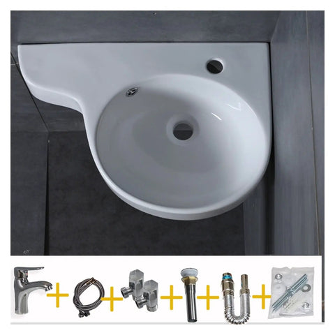 Rock Solid Corner Bathroom Sink, Wall Mounted Ceramic Triangle Washbasin, heavy duty white glaze with faucet holes.