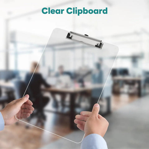 Person holding Clear Plastic Clipboard 2 Pack For 8.5 By 11 Papers, Letter Size, Low Profile Clip in office setting