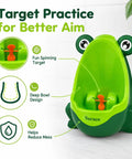 Cute Green Frog Potty Urinal For Toddlers Featuring Playful Aiming Target with deep bowl design and fun spinning target.