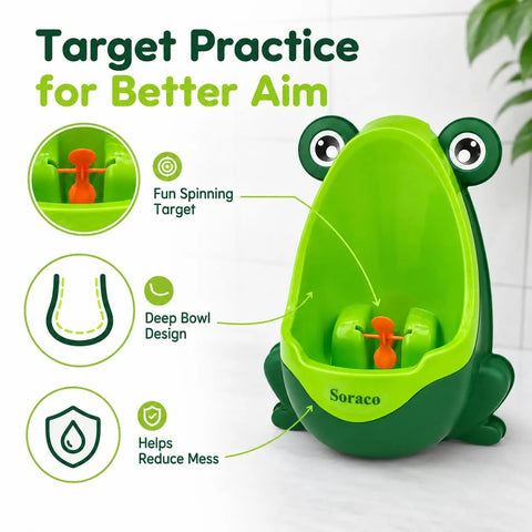 Cute Green Frog Potty Urinal For Toddlers Featuring Playful Aiming Target with deep bowl design and fun spinning target.