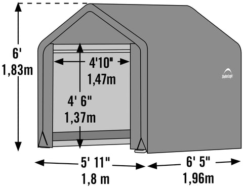 6x6 Foot Shed In A Box All Season Steel Peak Roof Outdoor Storage Shed dimensions illustration with grey cover