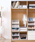 Four Pack Stackable Closet Organizers Bins For Kitchen Cabinets Pantry Office Bedroom Bathroom No Tool Needed White Durable Plastic Collapsible Drawer Baskets in closet