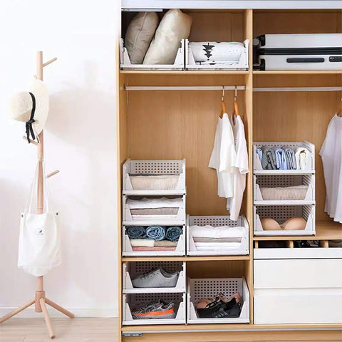 Four Pack Stackable Closet Organizers Bins For Kitchen Cabinets Pantry Office Bedroom Bathroom No Tool Needed White Durable Plastic Collapsible Drawer Baskets in closet