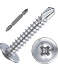 Heavy Duty Workhorse Hassle Free Size 10 X 1 Inch Truss Head Sheet Metal Self Tapping Screws Built From Premium 410 Stainless Steel Quick Bite 200 Pack displayed with driver bit.