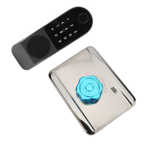 Rock Hard Aluminum Alloy Smart Deadbolt Featuring Rapid Fingerprint Reader and dual key cards on a stainless steel base.