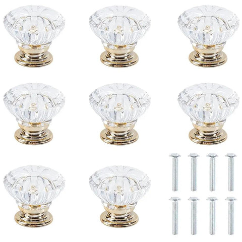 Upgraded Acrylic Crystal Cabinet Knobs And Drawer Pulls Featuring Slick Golden Diamond Cut Single Hole Furniture Hardware Kit with screws.