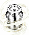 Heavy Duty 1.3 To 7.4 Gallon Stainless Steel Milk Jug With Secure Silicone Gasket Lid Food Grade Water Storage Pail, shown with splashing milk.