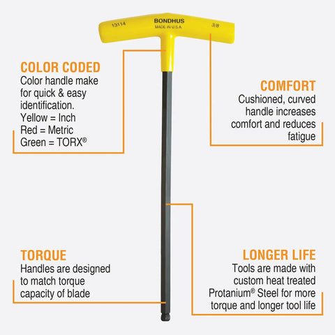 Yellow T handle from Set Of 10 Balldriver And Hex T Handles With Stand For 3/32 To 3/8 Inch, ergonomic grip, heavy-duty steel, color-coded.