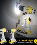 Cordless Drill Combo Kit With 20V Brushless Drill Driver And Impact Driver, LED work light in use, showing bright illumination.
