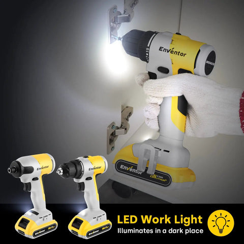 Cordless Drill Combo Kit With 20V Brushless Drill Driver And Impact Driver, LED work light in use, showing bright illumination.