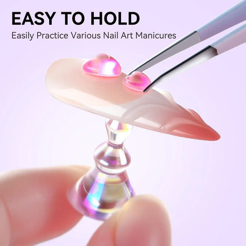 Close-up of a holographic nail stand kit for press on nails with magnetic holder, showcasing gel curing ready feature.