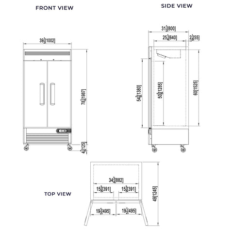 Pro Shop Grade 40 Inch Reach In Freezer Featuring Double Solid Doors And Adjustable Steel Shelves And 35 Cubic Feet commercial kitchen dimensions