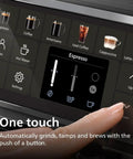 Control panel of fully automatic espresso machine with options for espresso and other drinks, designed for easy brewing.