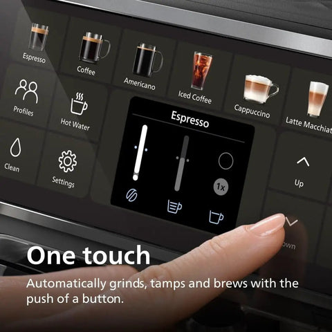 Control panel of fully automatic espresso machine with options for espresso and other drinks, designed for easy brewing.